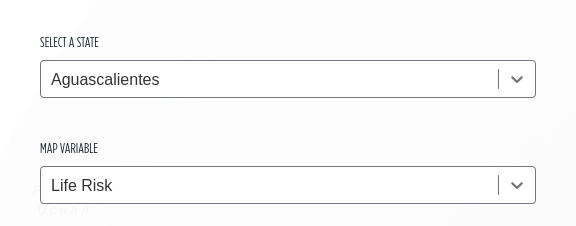 This is the Map Controls. This section in the Information Panel empowers you to tailor your map-viewing
experience. Easily select a different state or switch to a new risk index, and watch as the map dynamically recolors
the states to match your preferences.