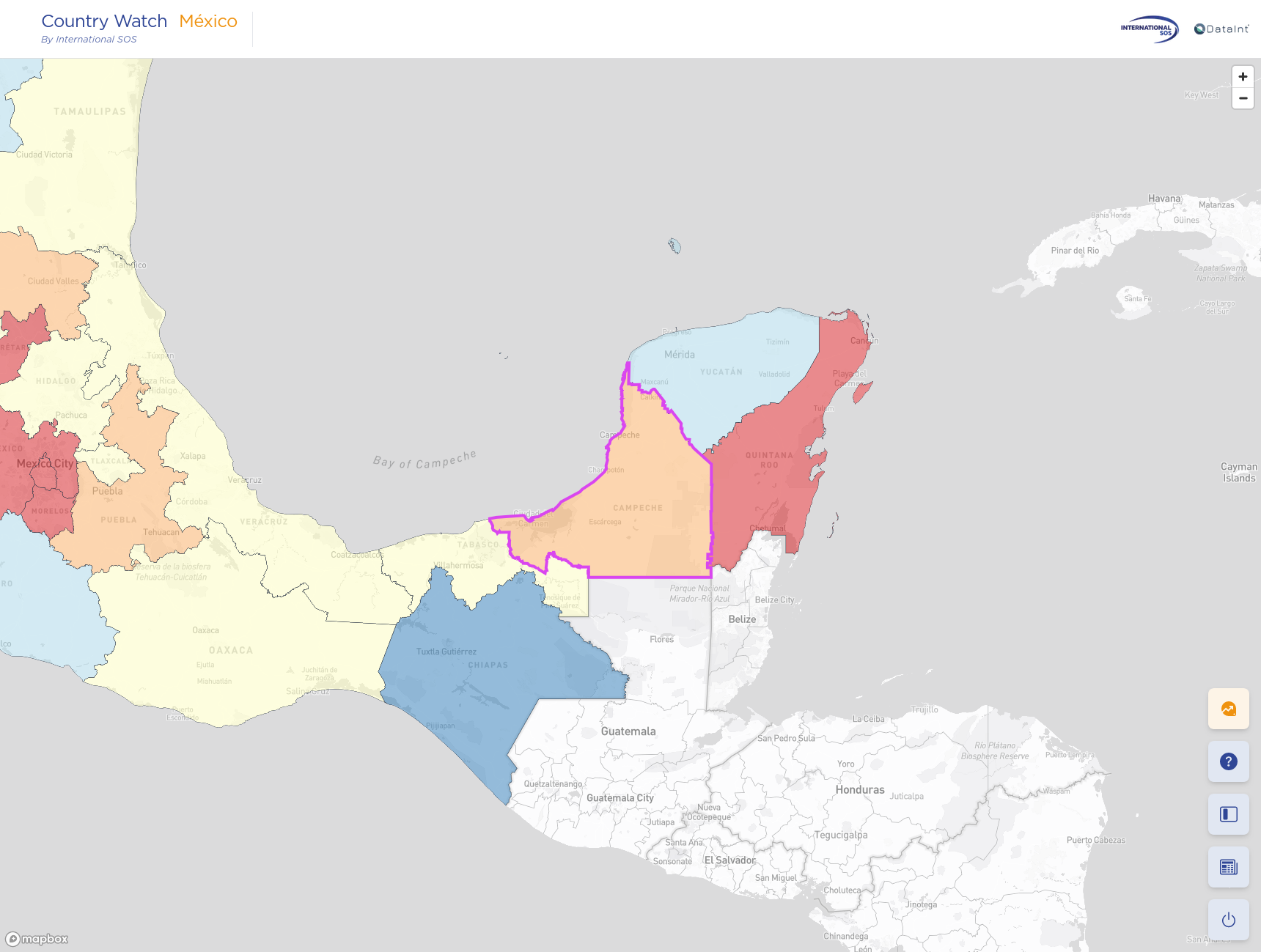 We use a diverging color scale that goes from blue (safest) to red (riskiest). This example depicts southern
states colored based on the Theft Risk Index for August 2023. The user can quickly identify the safest and riskiest
states in the region (Chiapas and Quintana Roo, respectively).
